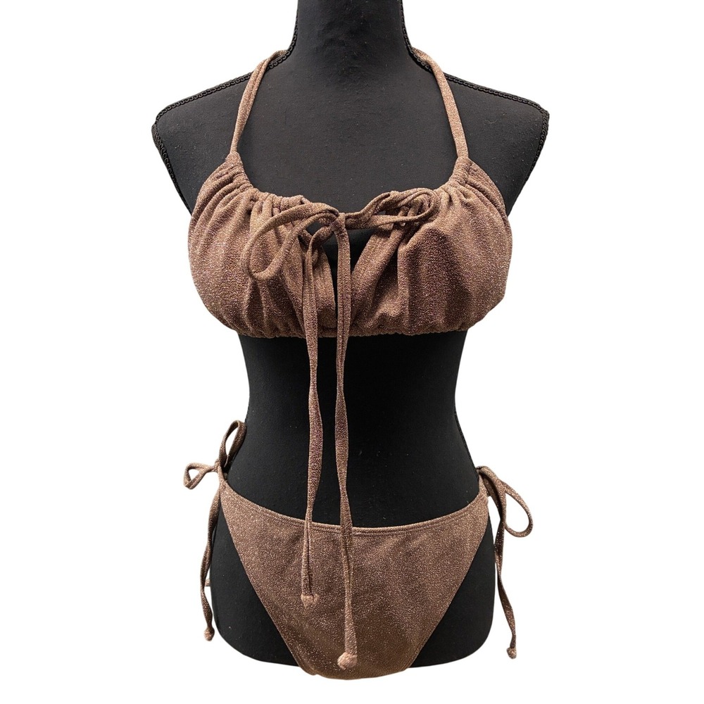 Aeropostale Metallic Glitter Ruched Bikini Set Womens XL Brown Bathing Suit NWT